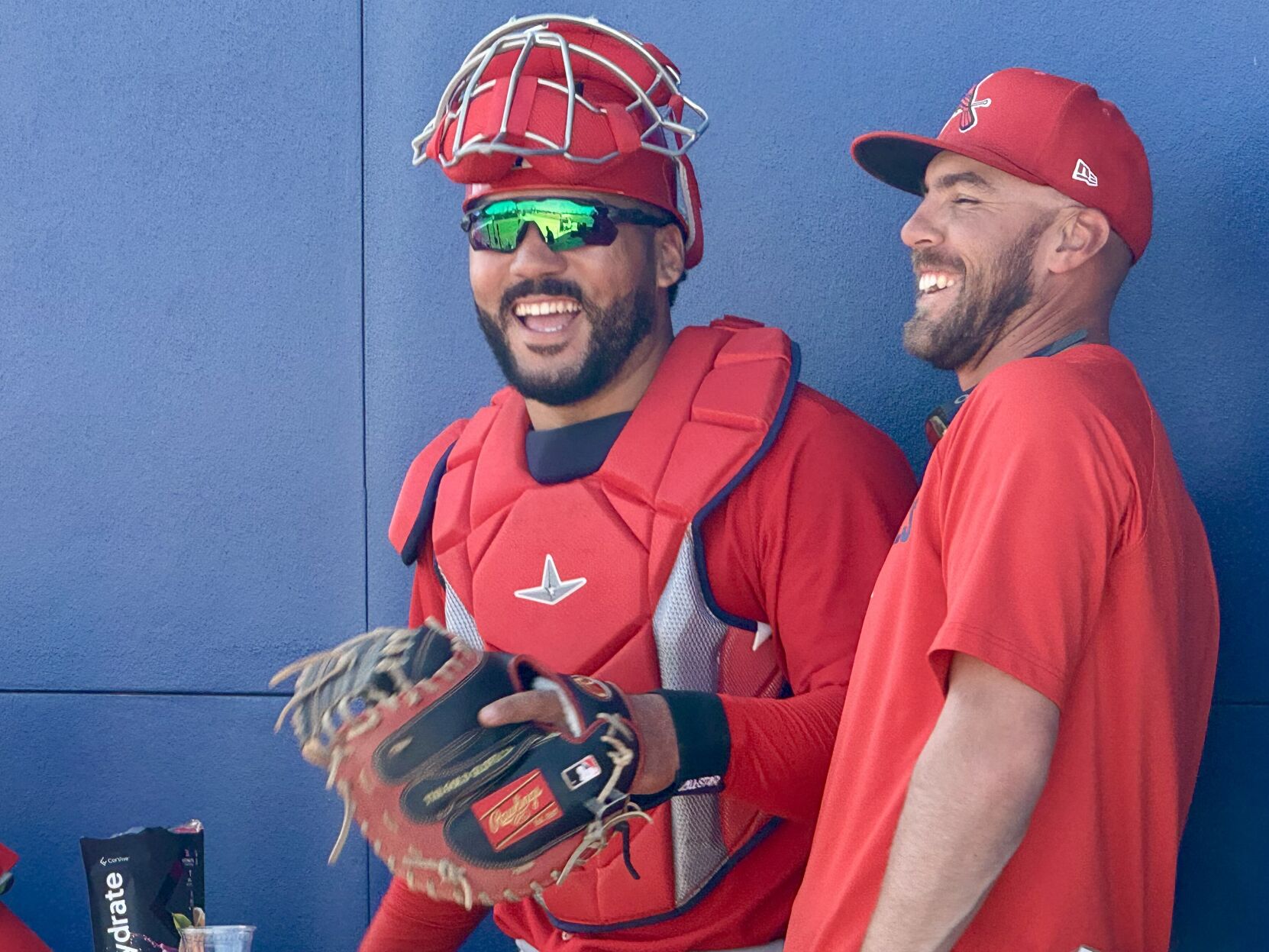 Cardinals new minor-league catching coordinator Ethan Goforth with Leonardo Bernal